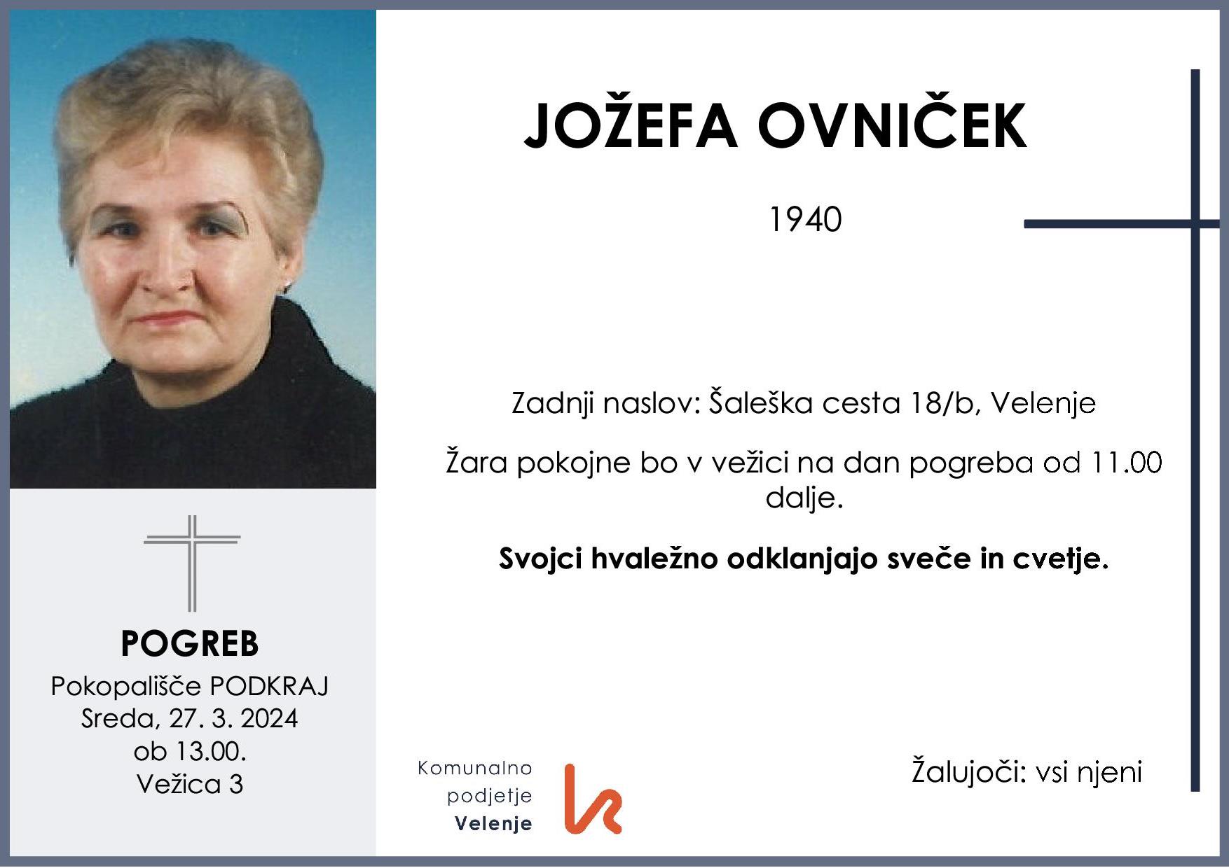 OsmrtnicaOvničekJožefa1940 pogreb sreda 27.3.2024 ob 13.00 Podkraj