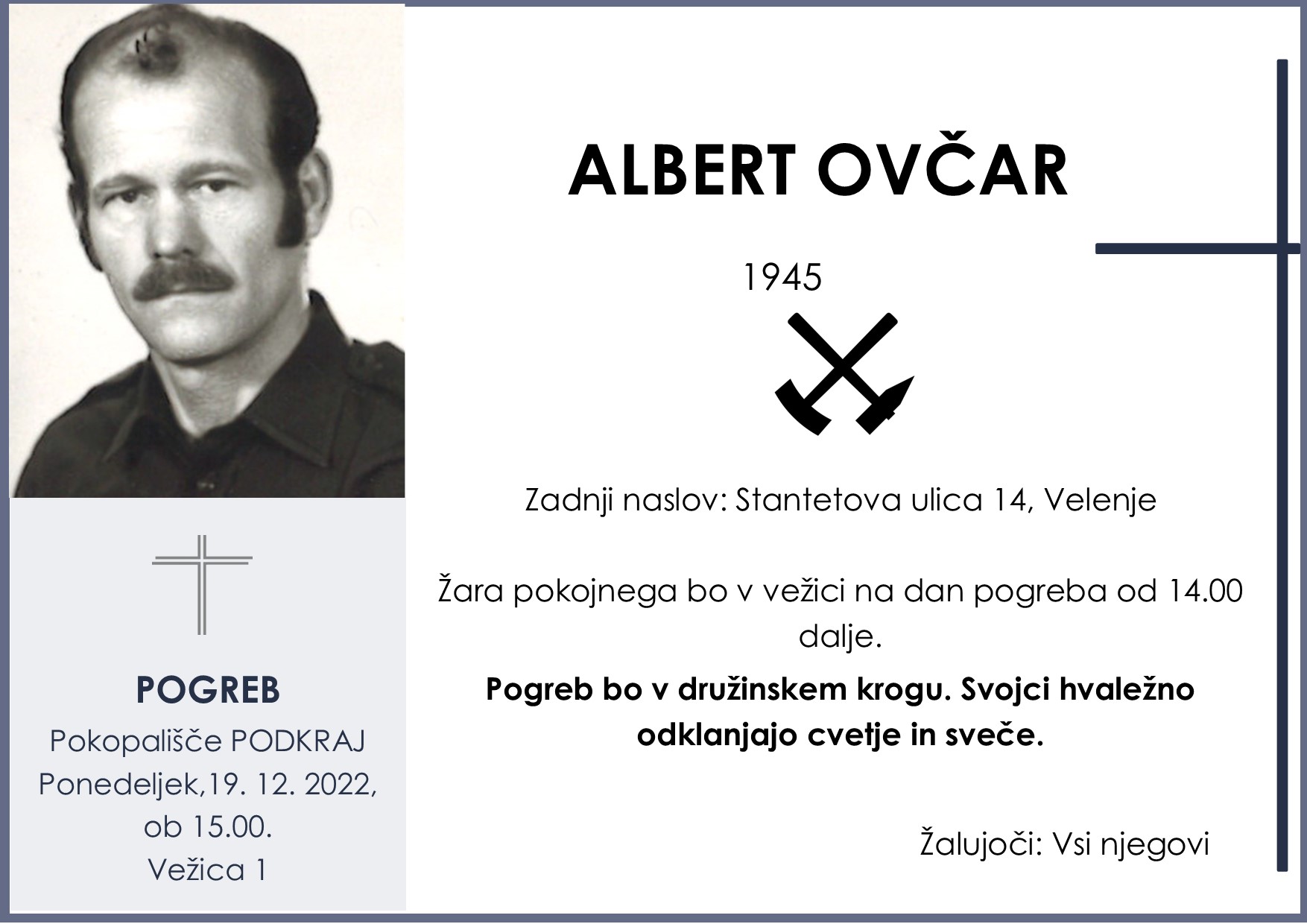 OsmrtnicaOvčarAlbert1945 pogreb ponedeljek 19.12.2022 ob 15.00 Podkraj