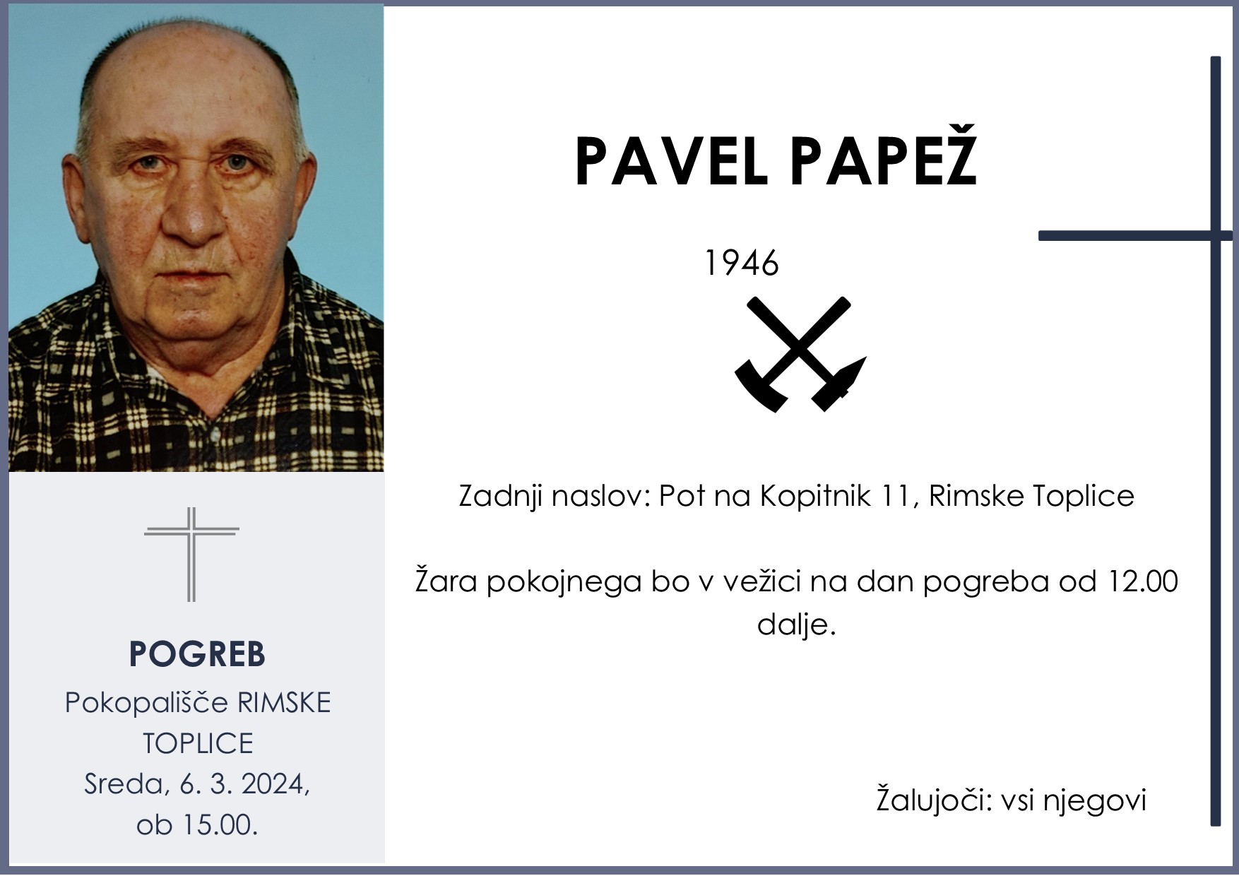OsmrtnicaPapežPavel1946 pogreb sreda 6.3.2024 ob 15.00 Rimske Toplice