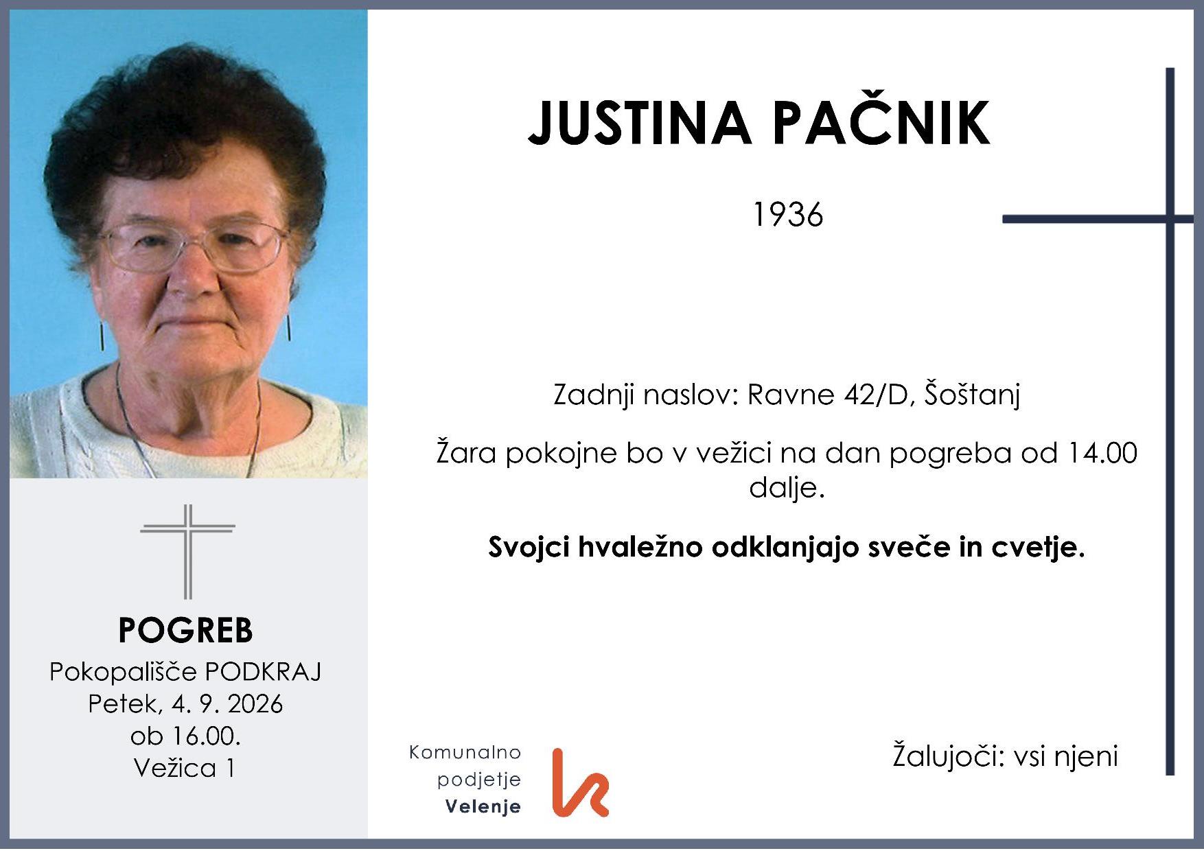OsmrtnicaPačnikJustina1936 pogreb petek 4.9.2026 ob 16.00 Podkraj