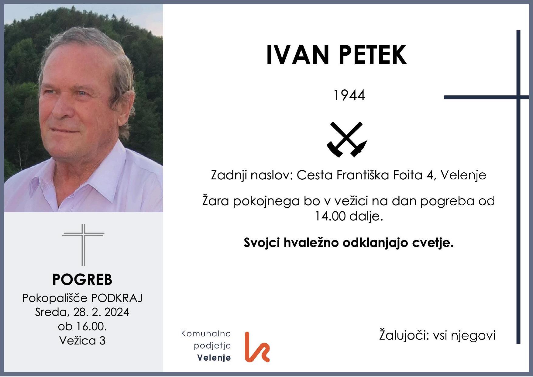 OsmrtnicaPetekIvan1944 pogreb sreda 28.2.2024 ob 16.00 Podkraj