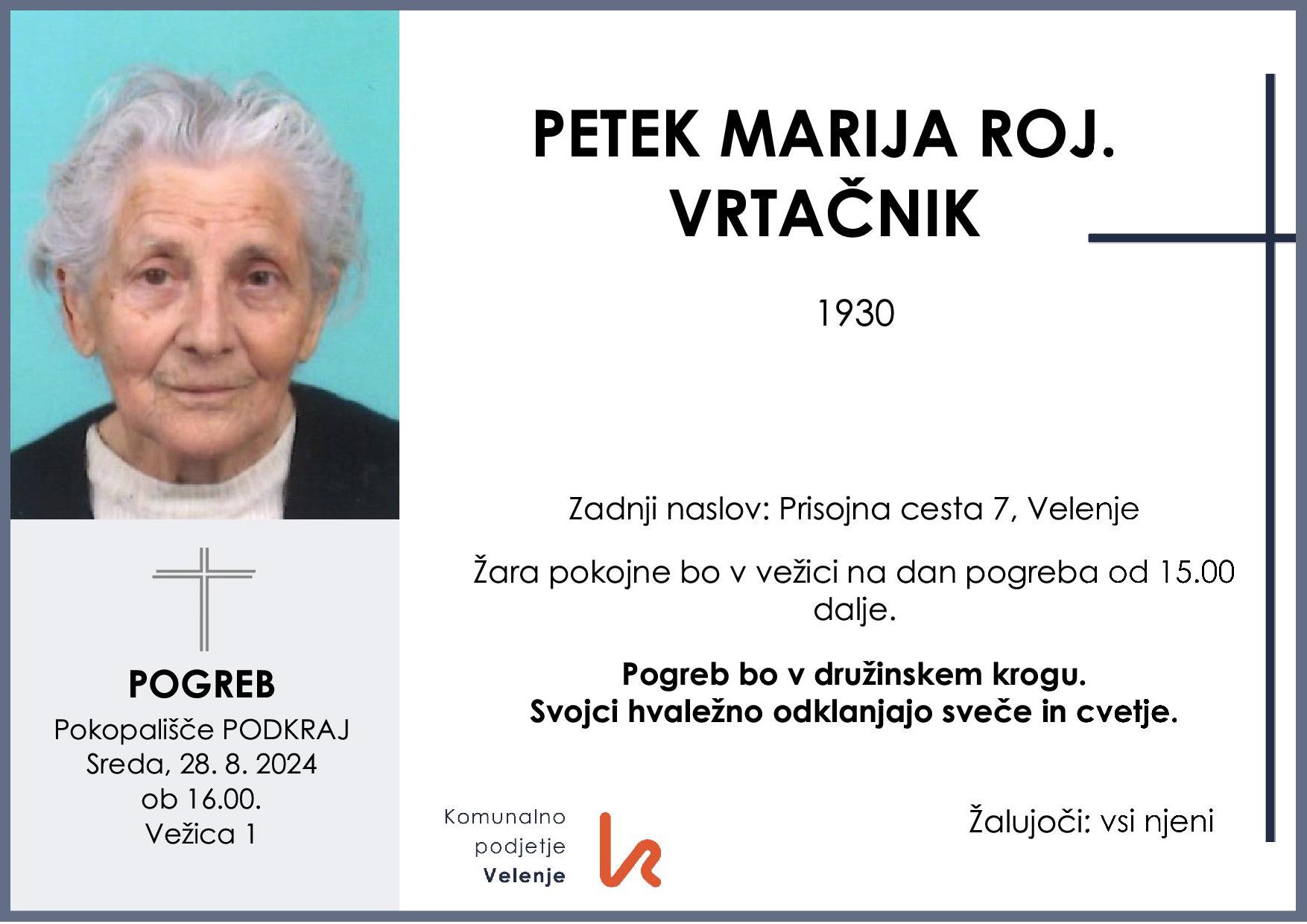OsmrtnicaPetekMarija1930 pogreb sreda 28.8.2024 ob 16.00 Podkraj