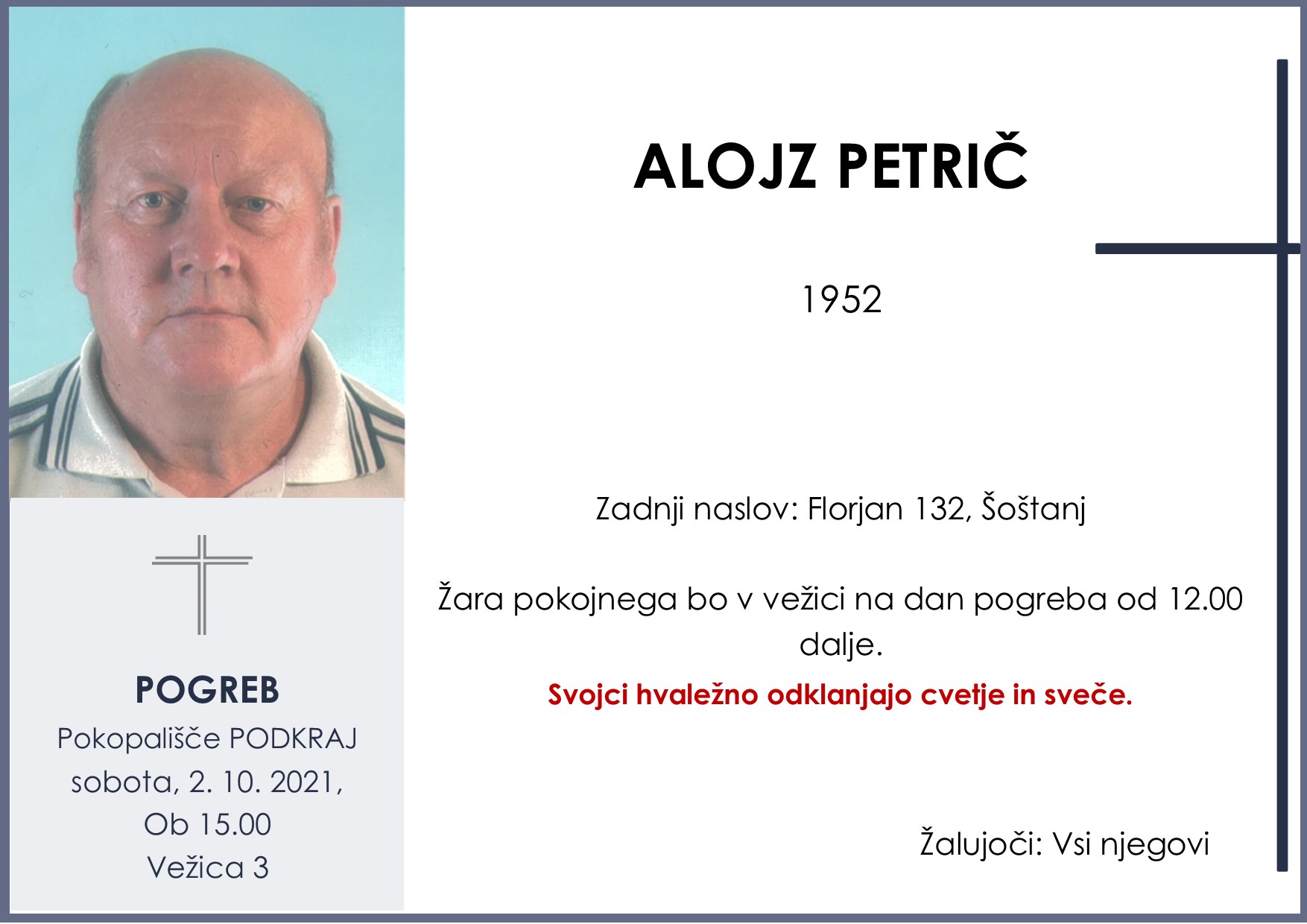 OsmrtnicaPetričAlojz1952 pogreb sobota 2.10.2021 ob 15.00 Podkraj