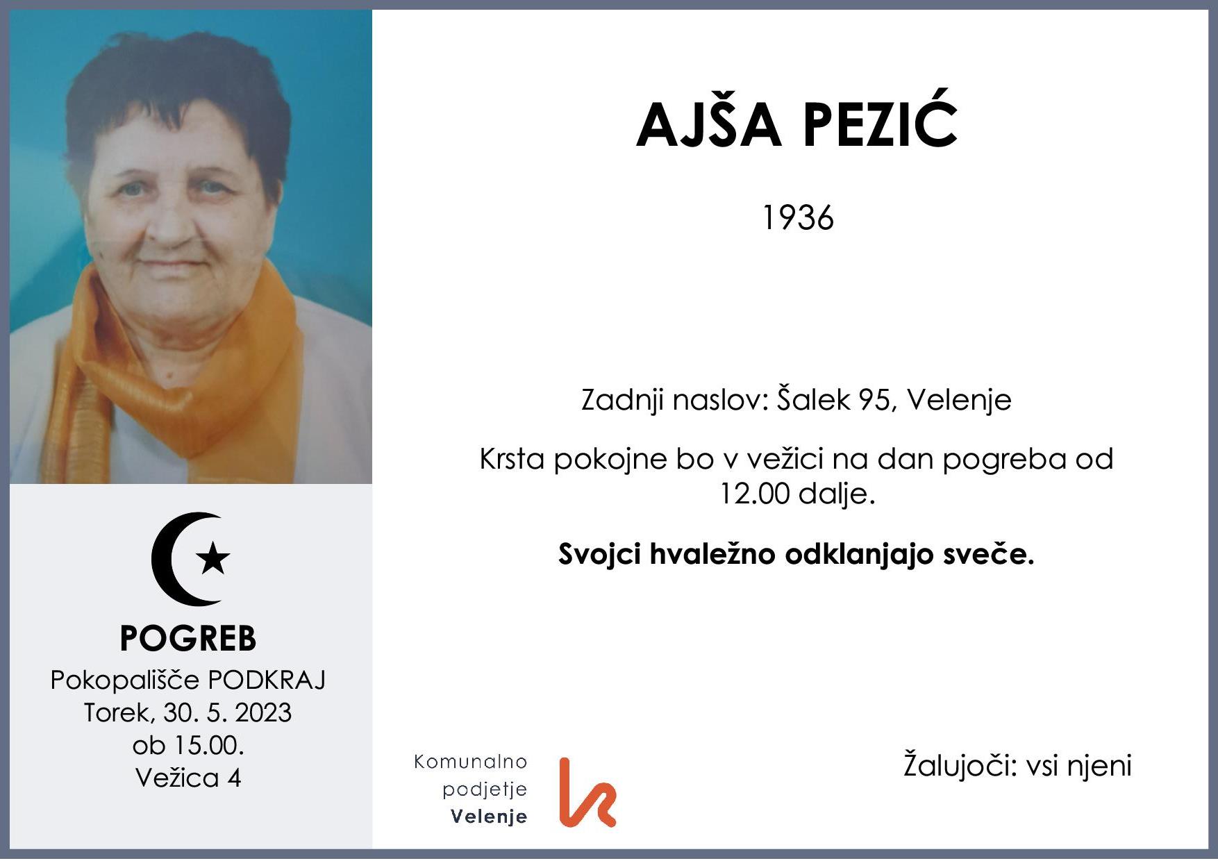 OsmrtnicaPezićAjša1936 Pogreb torek 30.5.2023 ob 15.00 Podkraj