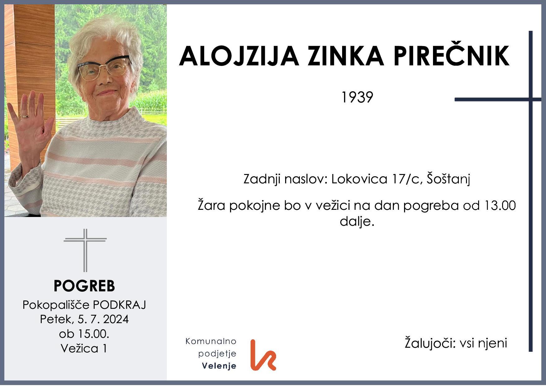 OsmrtnicaPirečnikAlojzija1939pogreb petek 5.7.2024 ob 15.00 Podkraj