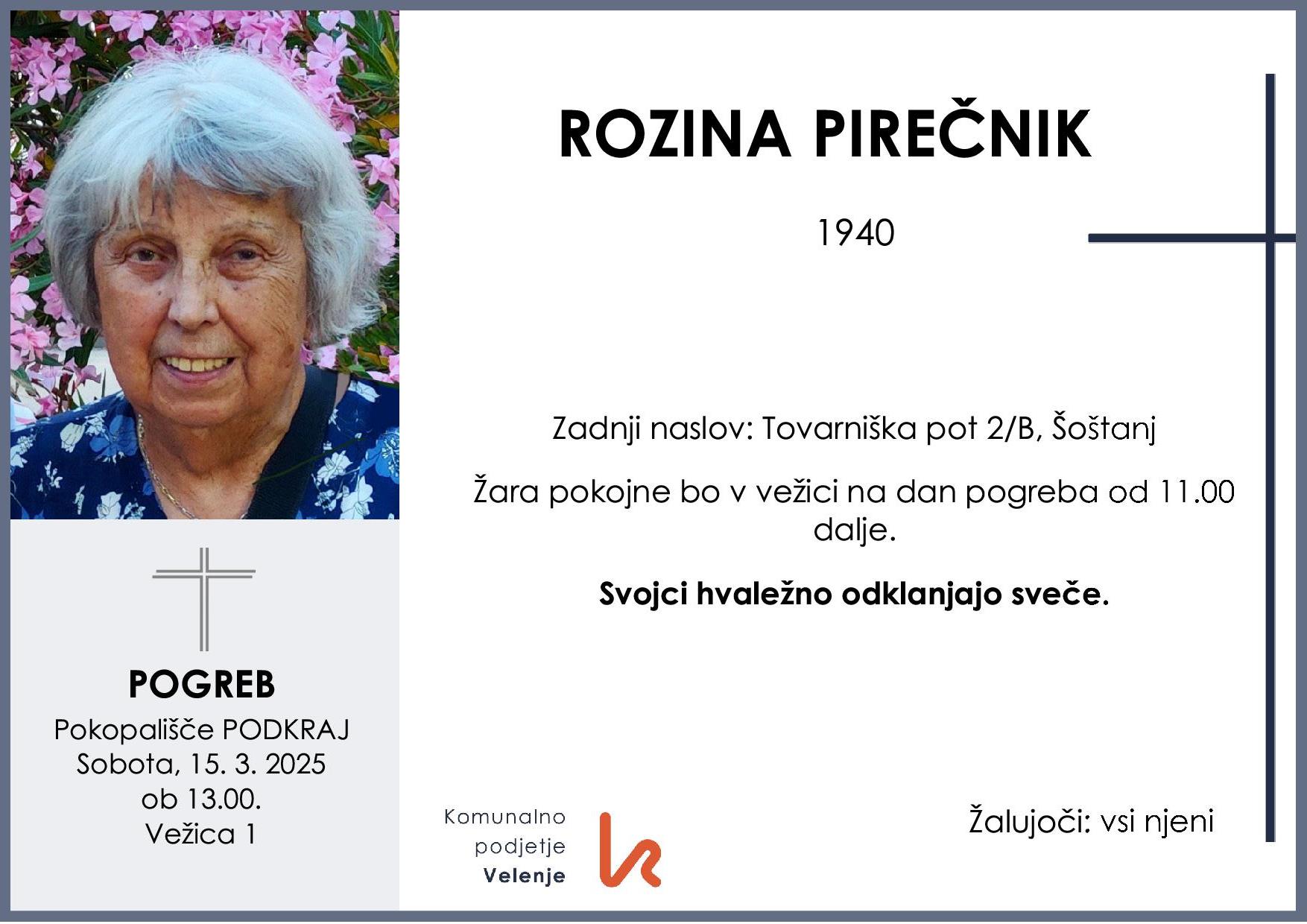OsmrtnicaPirečnikRozina1940pogreb sobota 15.3.2025 ob 13.00 Podkraj