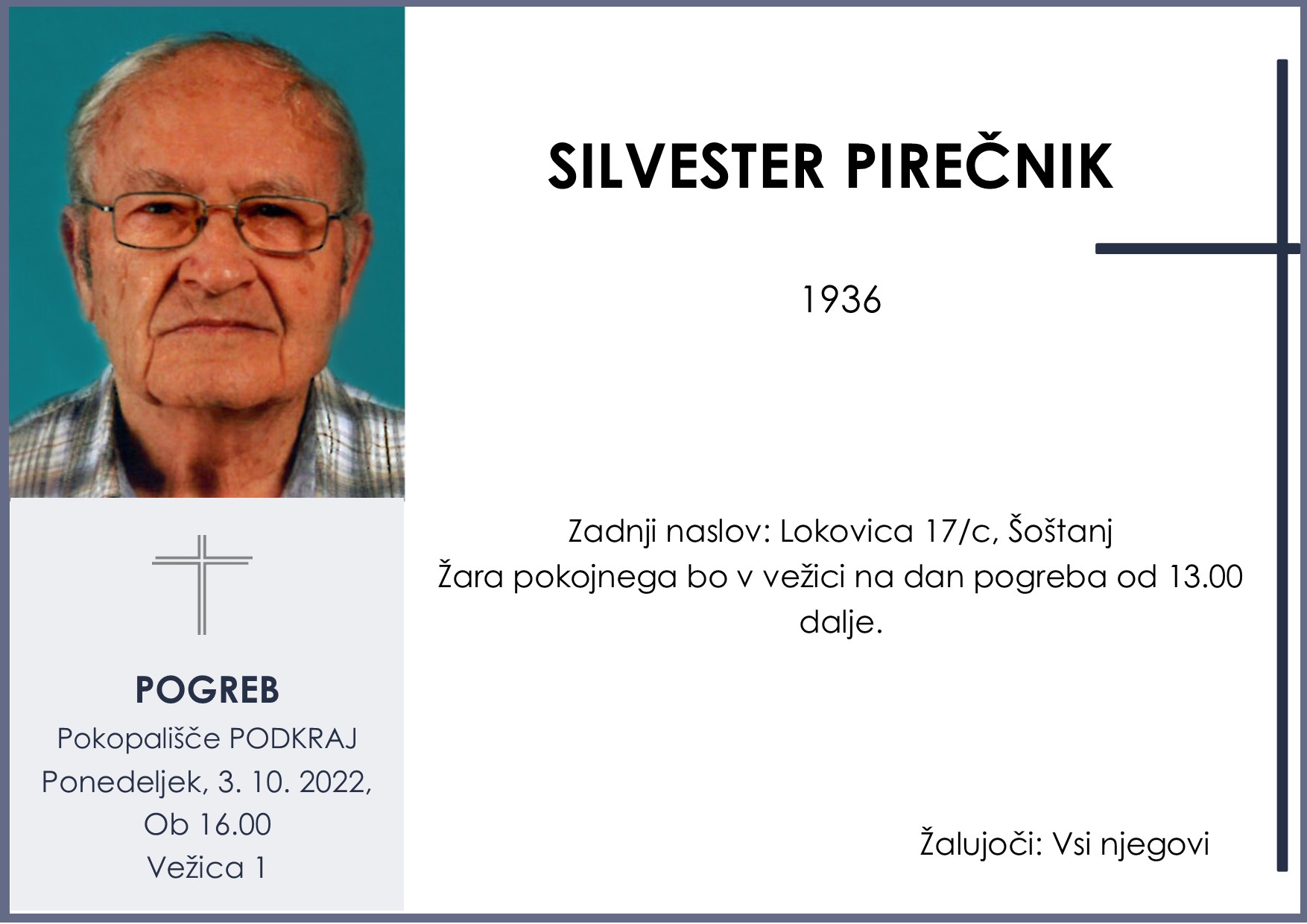 OsmrtnicaPirečnikSilvester1936pogreb ponedeljek 3.10.2022 ob 16.00 Podkraj