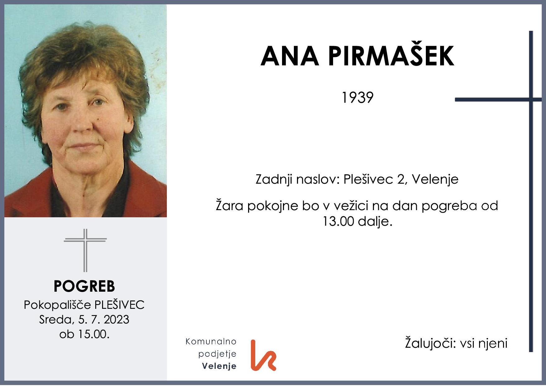 OsmrtnicaPirmanšekAna1939 pogreb sreda 5.7.2023 ob 15.00 Plešivec