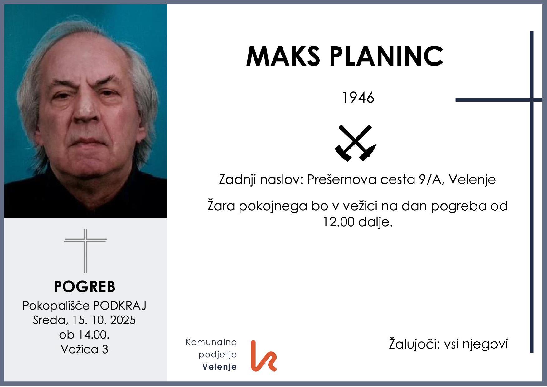 OsmrtnicaPlanincMaks1946 pogreb sreda 15.10.2025 ob 14.00 Podkraj