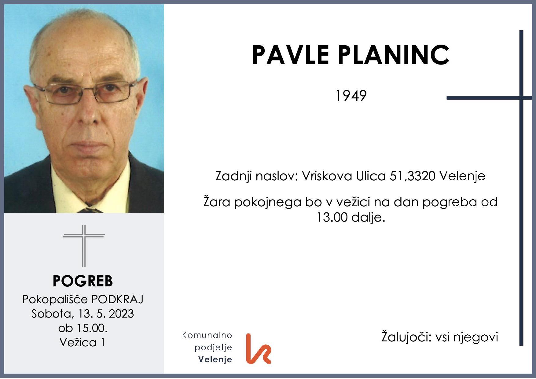 OsmrtnicaPlanincPavle1949 pogreb sobota 13.5.2023 ob 15.00 Podkraj