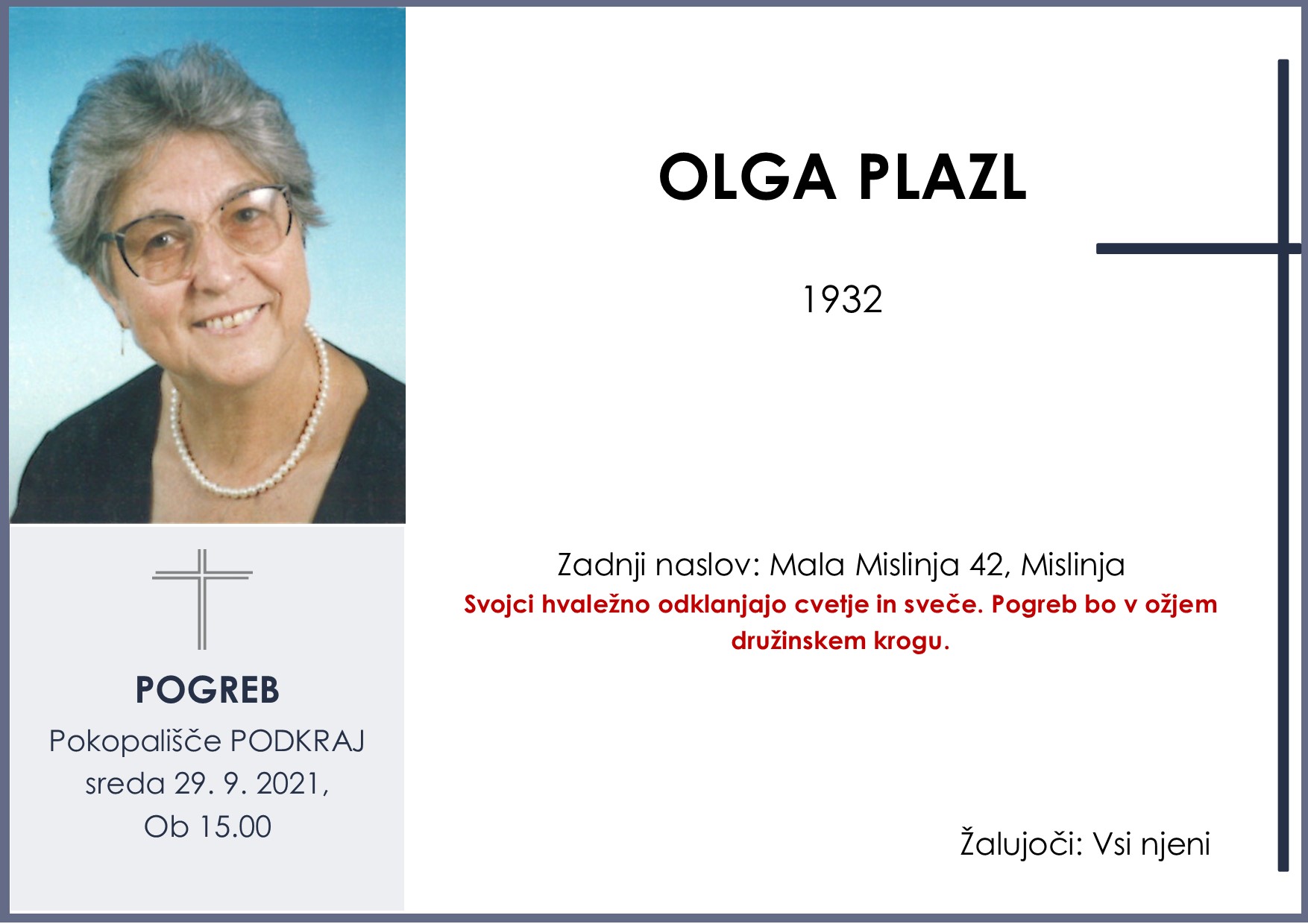 OsmrtnicaPlazlOlga pogreb sreda 29.9.2021 Podkraj