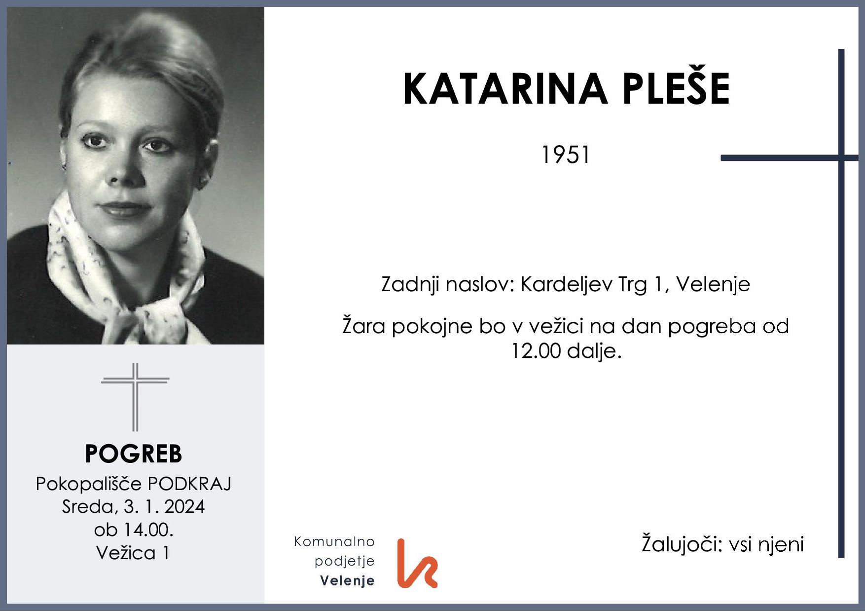 OsmrtnicaPlešeKatarina1951 pogreb sreda 3.1.2024 ob 14.00 Podkraj