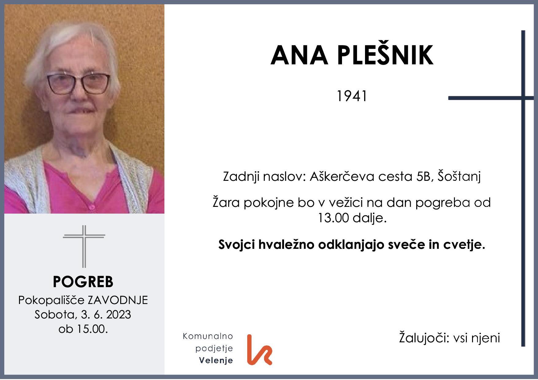 OsmrtnicaPlešnikAna1941 pogreb sobota 3.6.2023 ob 15.00 Zavodnje