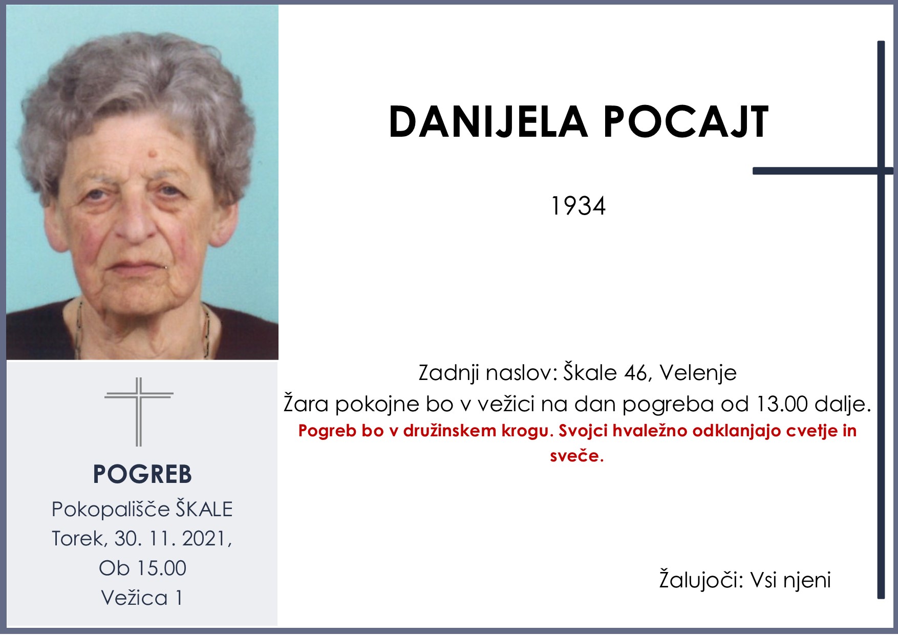 OsmrtnicaPocajtDanijela1934pogreb torek 30.11.2021 ob 15.00 Škale