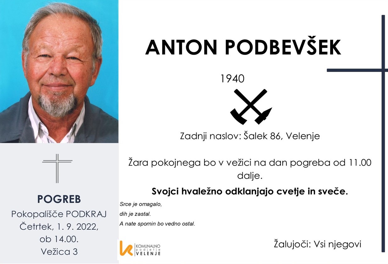 OsmrtnicaPodbevšekAnton1940 pogreb četrtek 1.9.2022 ob 14.00 Podkraj