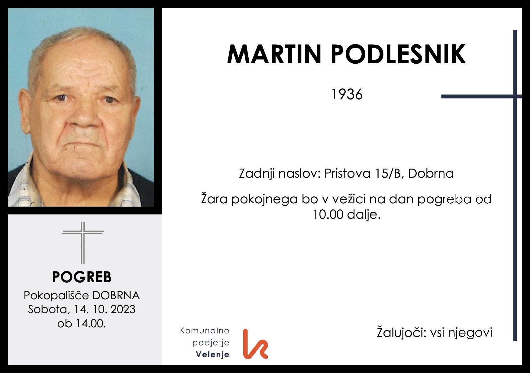 OsmrtnicaPodlesnikMartin1936 pogreb sobota 14.10.2023 ob 14.00 Dobrna