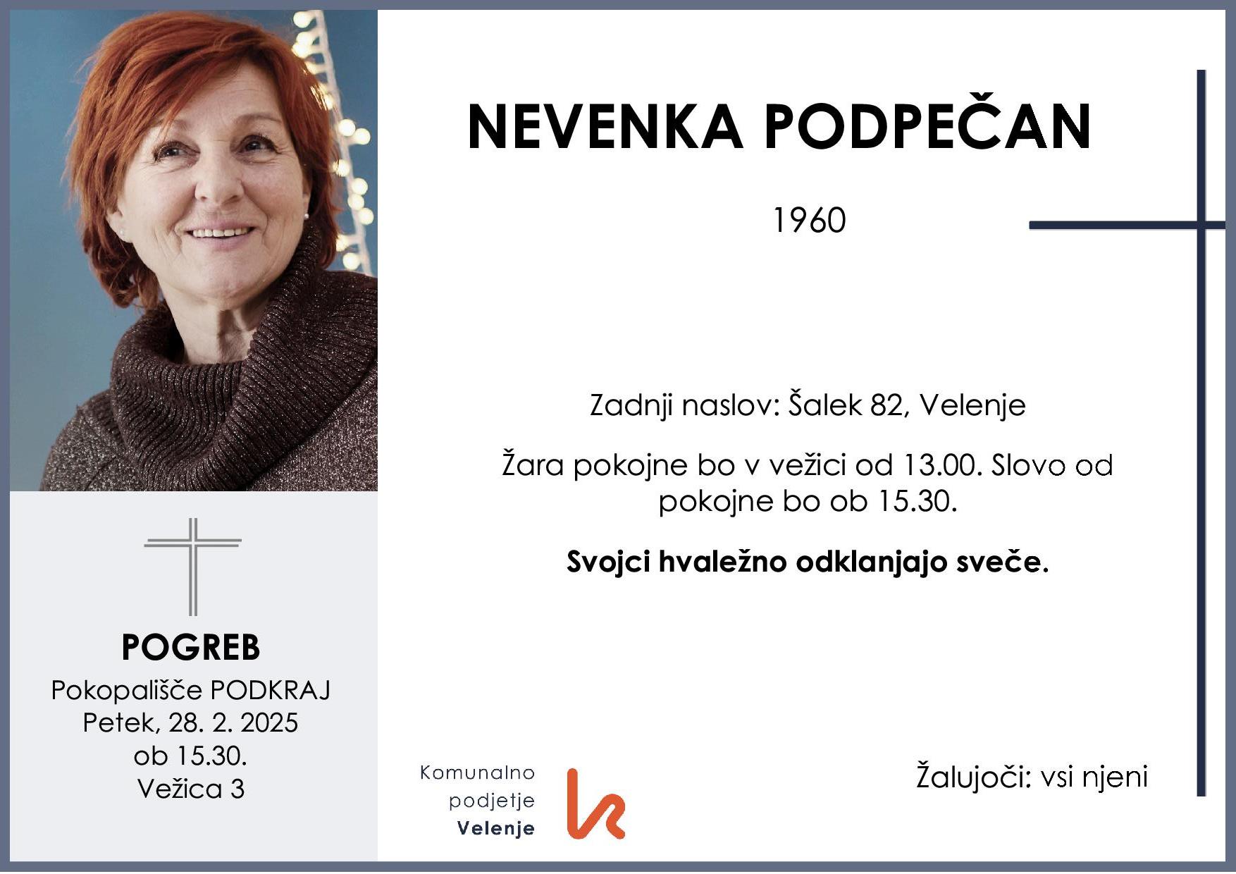 OsmrtnicaPodpečanNevenka1960slovo od pokojne petek 28.2.2025 ob 15.30 Podkraj