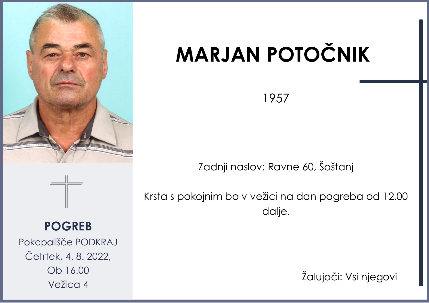 OsmrtnicaPotočnikMarjan1957pogreb četrtek 4.8.2022 ob 16.00 Podkraj