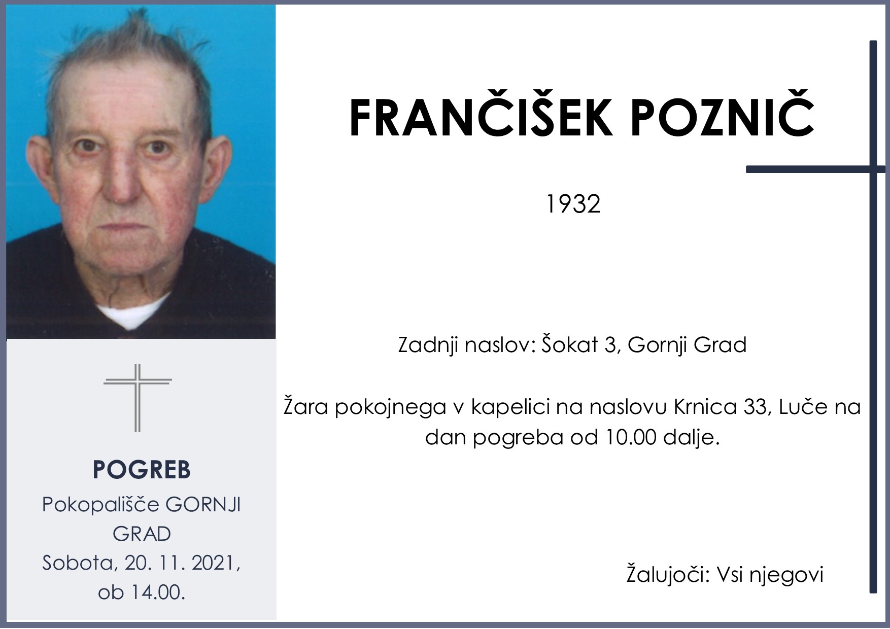 OsmrtnicaPozničFrančišek1932pogreb sobota 20.11.2021 ob 14.00 Gornji Grad