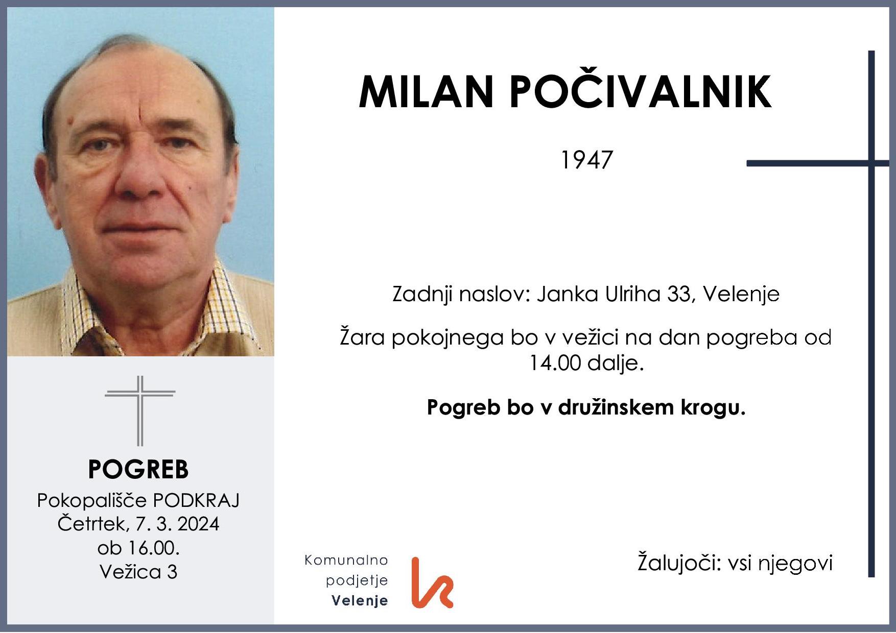 OsmrtnicaPočivalnikMilan1947 pogreb četrtek 7.3.2024 ob 16.00 Podkraj