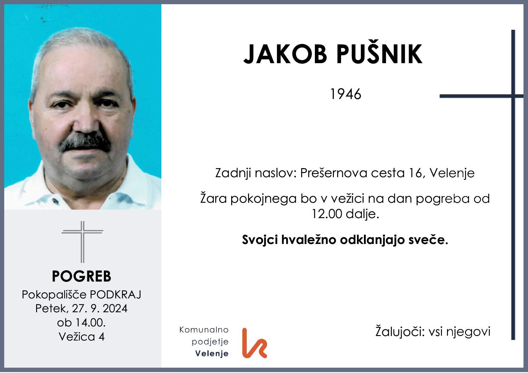 OsmrtnicaPušnikJakob1946 pogreb petek 27.9.2024 ob 14.00 Podkraj