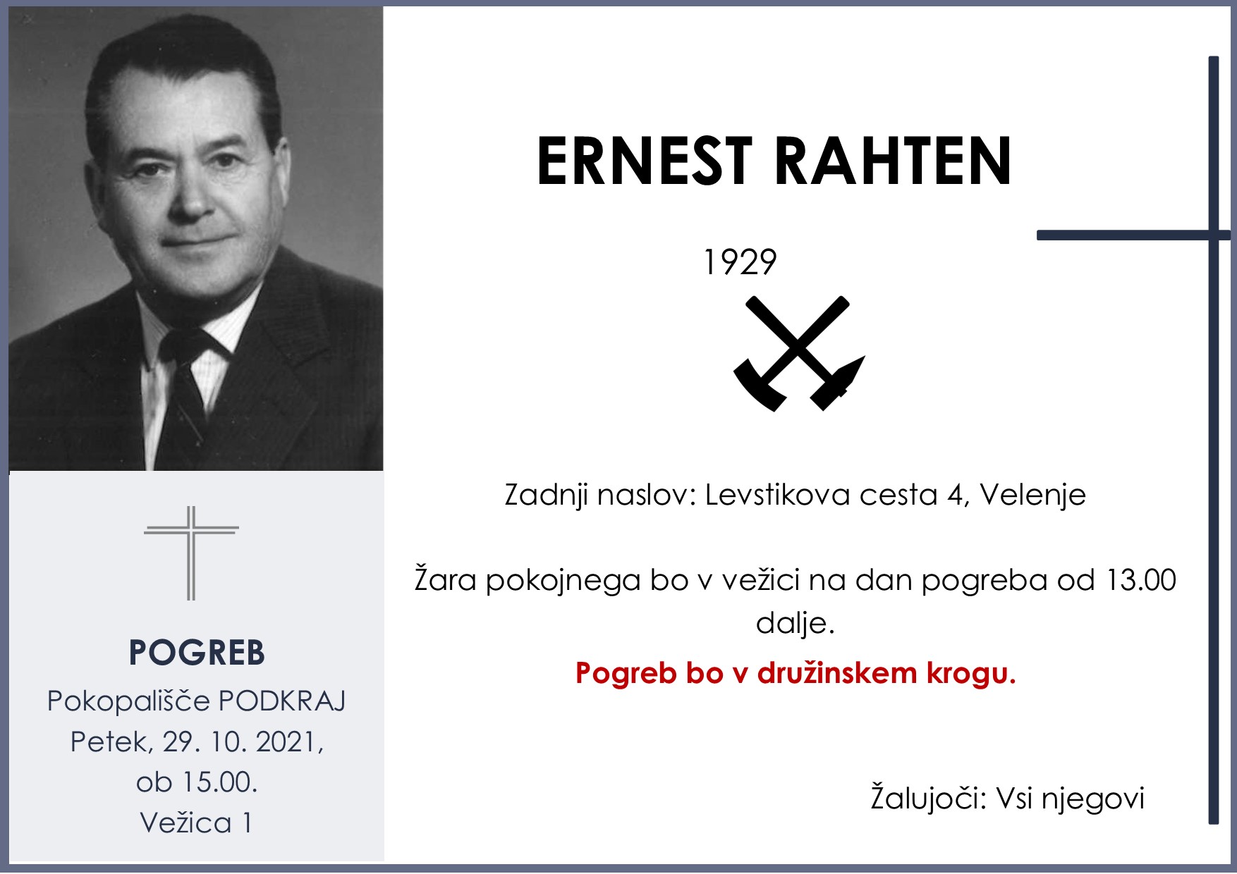 OsmrtnicaRahtenErnest1929pogreb petek 29.10.2021 ob 15.00 Podkraj