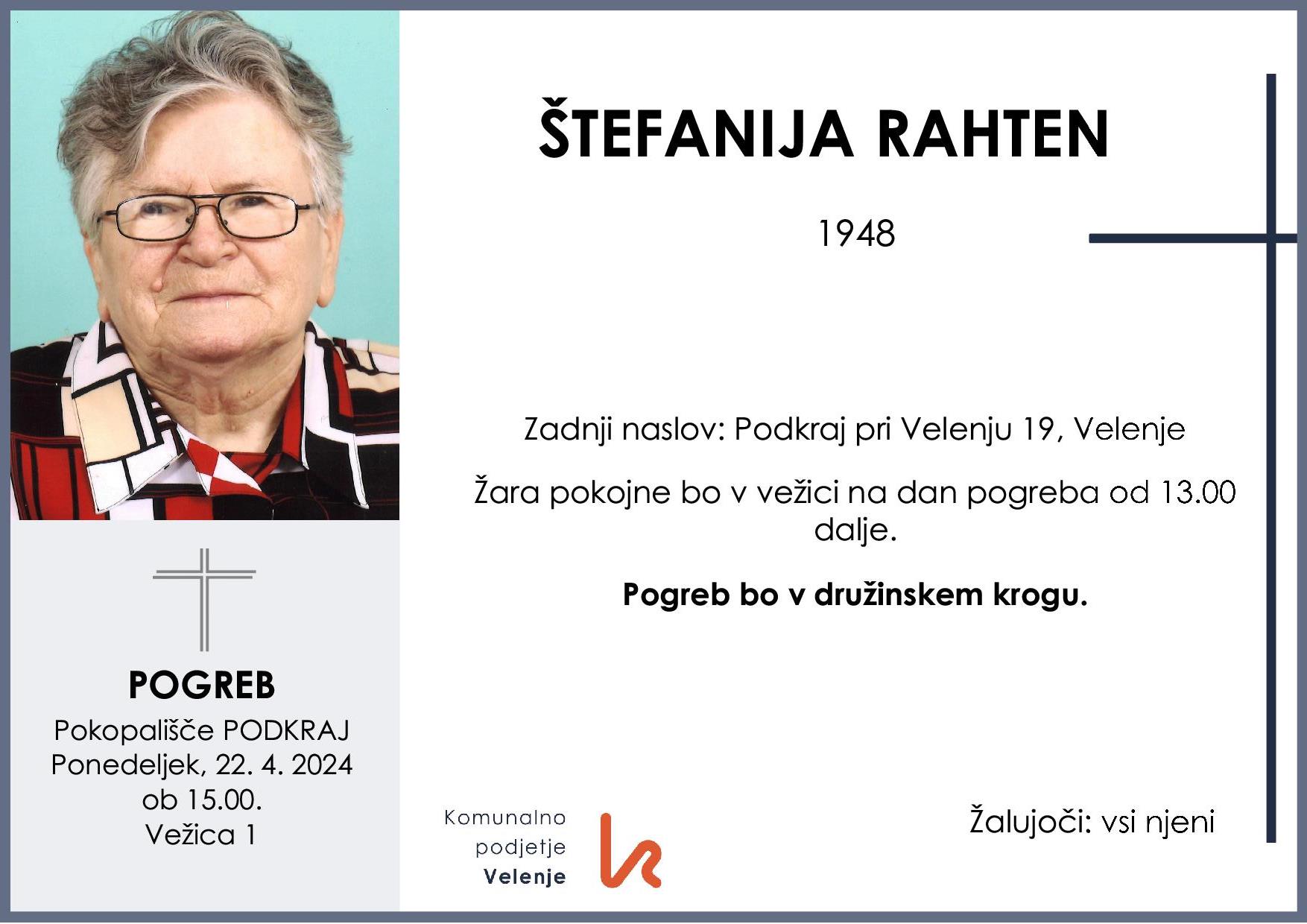 OsmrtnicaRahtenŠtefanija1948 pogreb ponedeljek 22.4.2024 ob 15.00 Podkraj