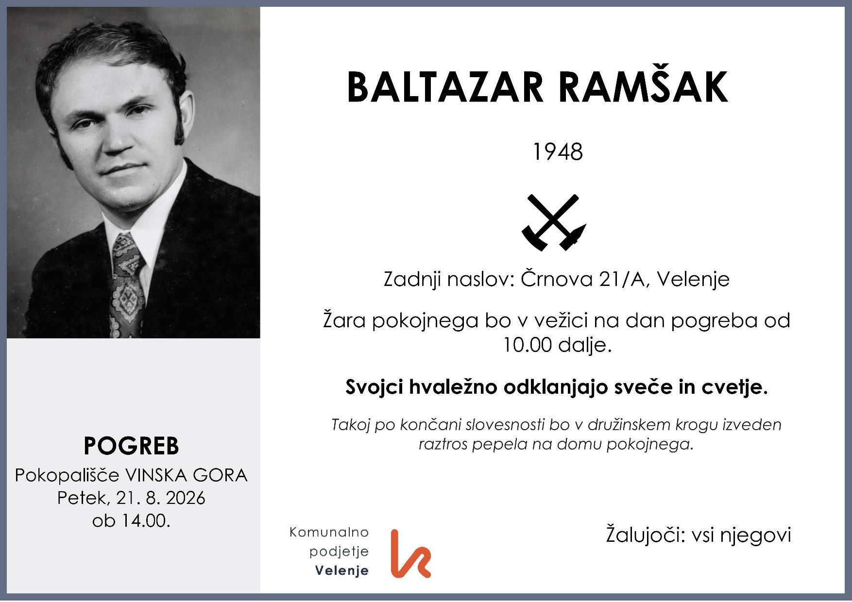 OsmrtnicaRamšakBaltazar1948 pogreb petek 21.8.2026 ob 14.00 Vinska Gora