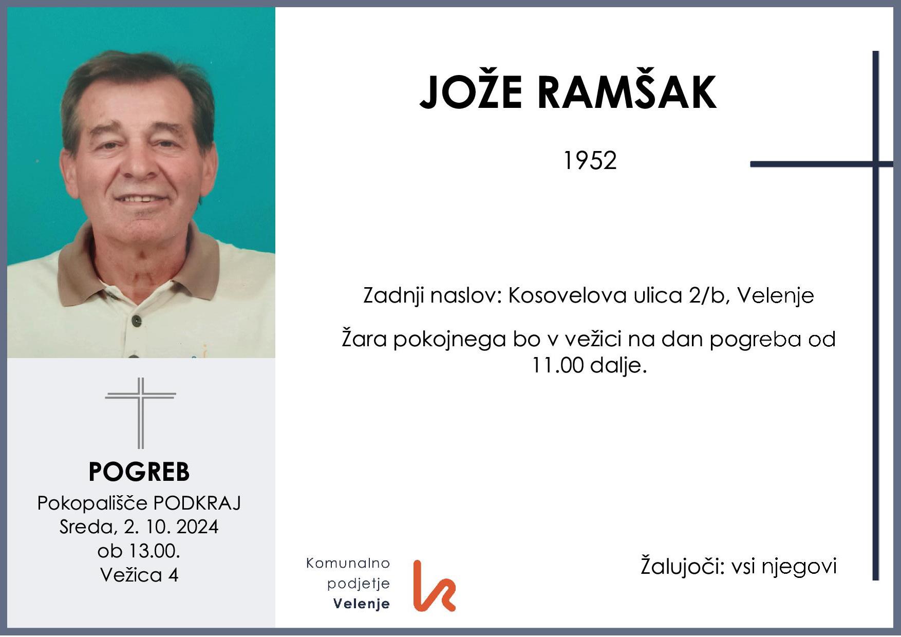 OsmrtnicaRamšakJože1952 pogreb sreda 2.10.2024 ob 13.00 Podkraj