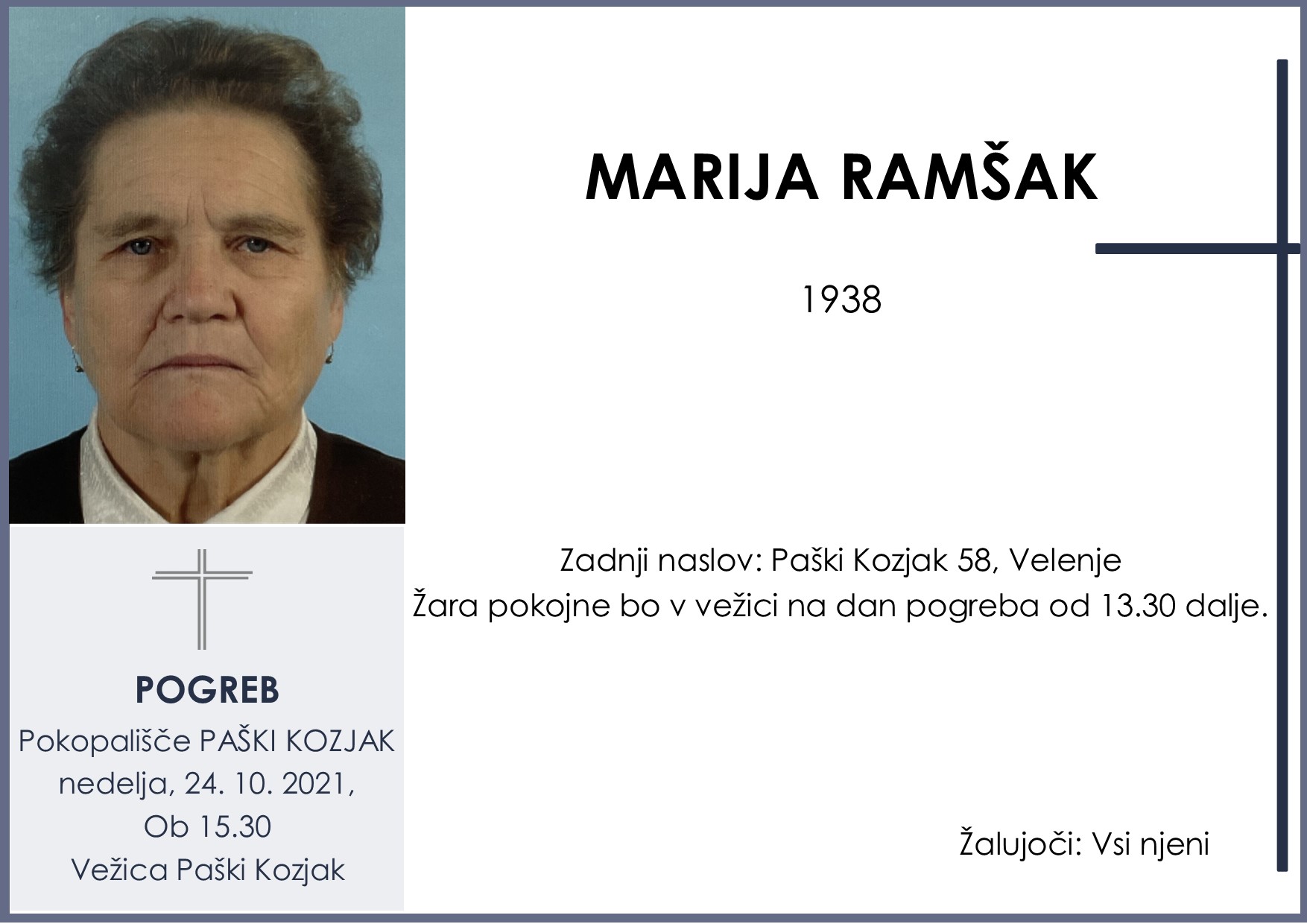 OsmrtnicaRamšakMarija1938pogreb nedelja 24.10.2021 ob 15.30 Paški Kozjak