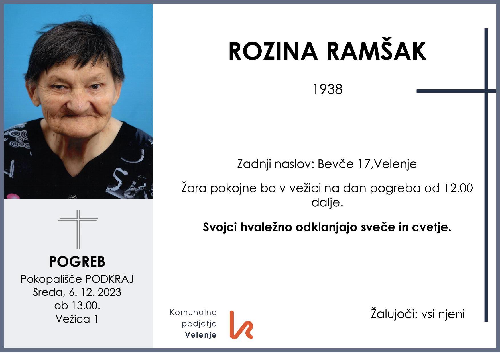 OsmrtnicaRamšakRozina1938 pogreb sreda 6.12.2023 ob 13.00 Podkraj