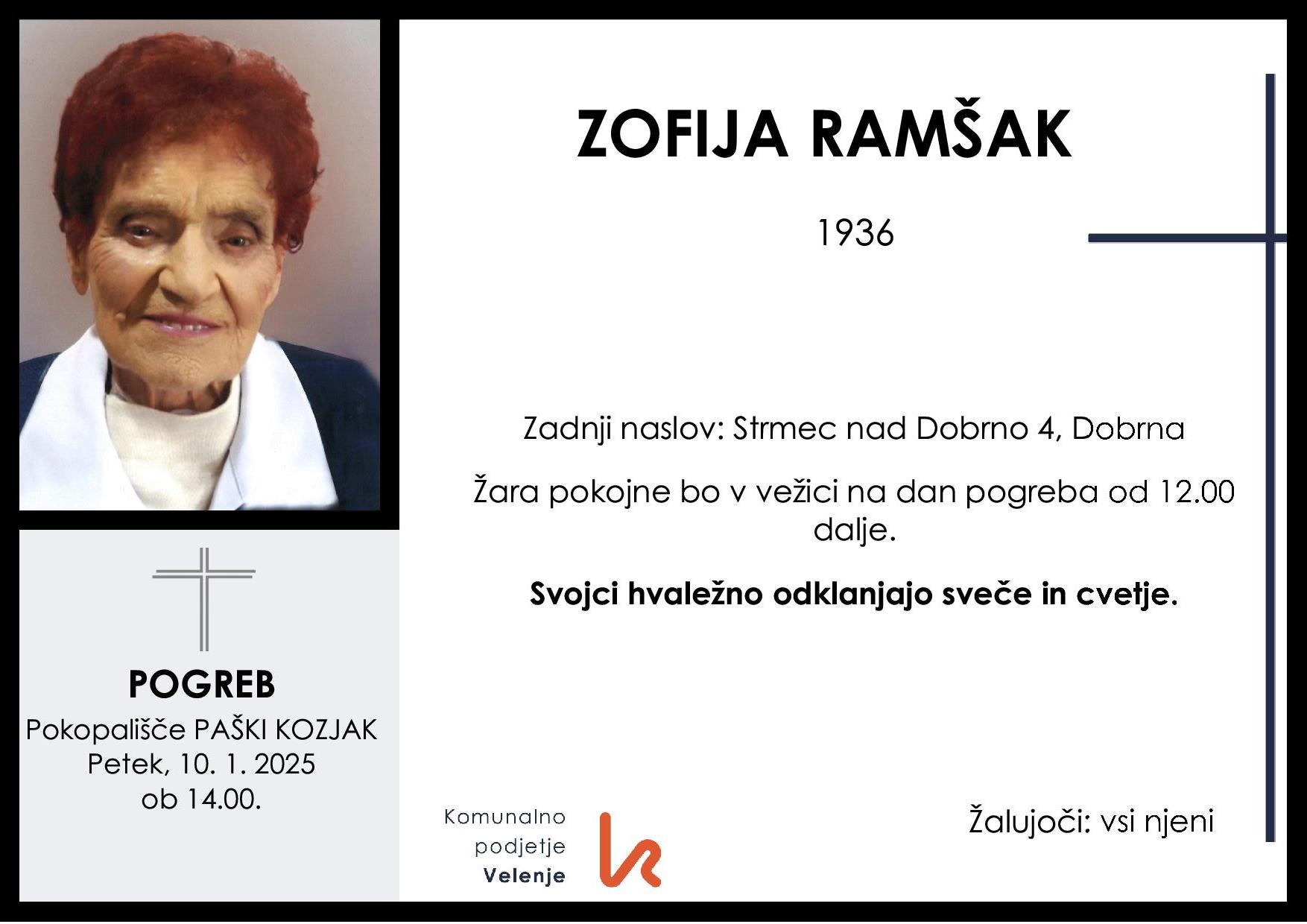 OsmrtnicaRamšakZofija1936 pogreb petek 10.1.2025 ob 14.00 Paški Kozjak