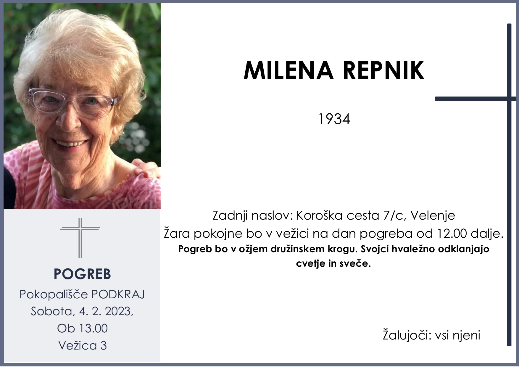 OsmrtnicaRepnikMilena1934 pogreb sobota 4.2.2023 ob 13.00 Podkraj
