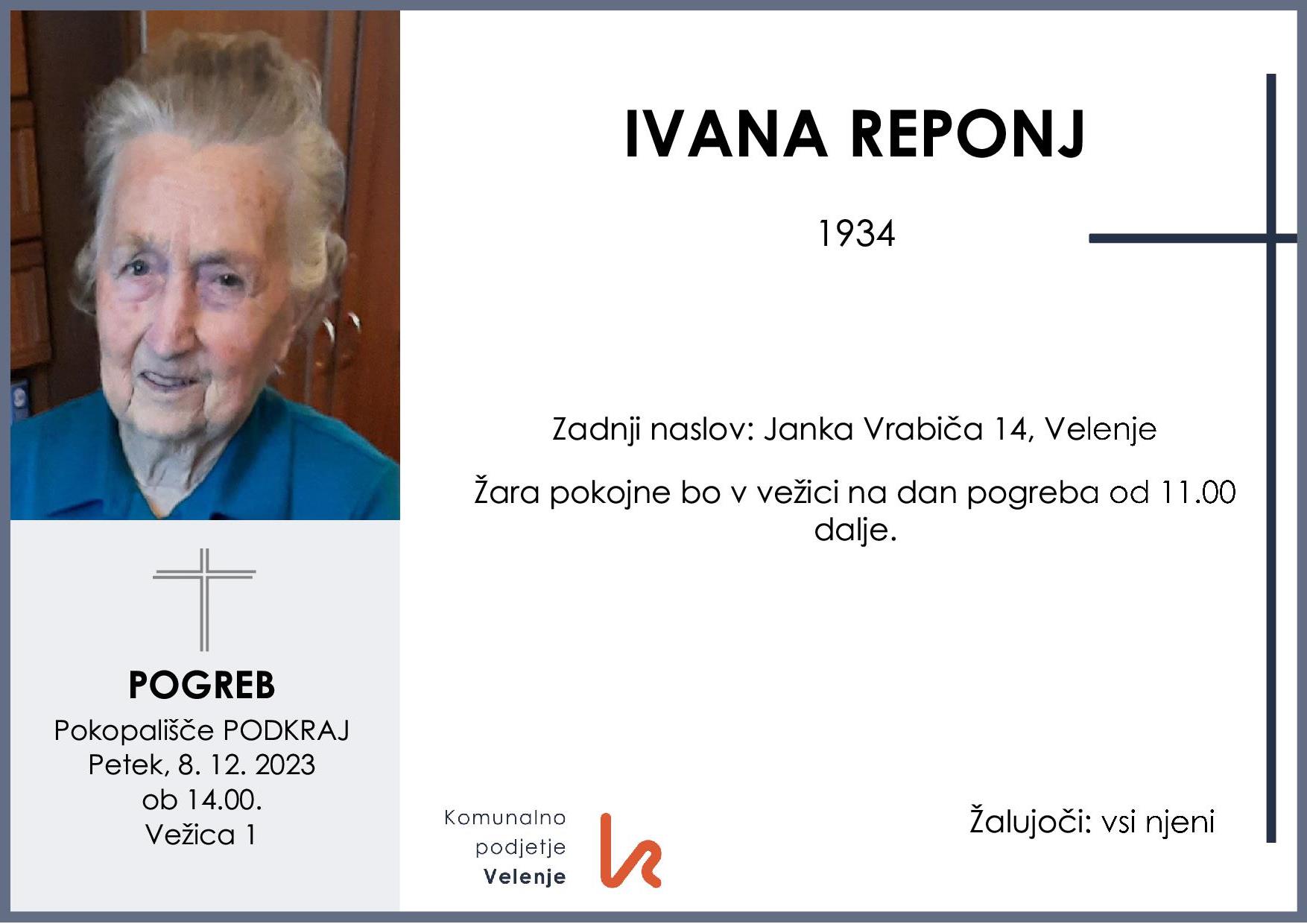 OsmrtnicaReponjIvana1934pogreb petek 8.12.2023 ob 14.00 Podkraj