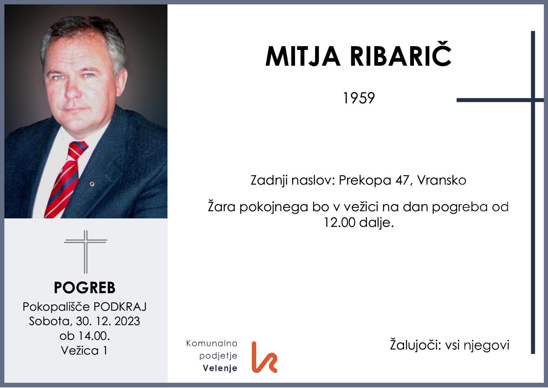 OsmrtnicaRibaričMitja1959 pogreb sobota 30.12.2023 ob 14.00 Podkraj