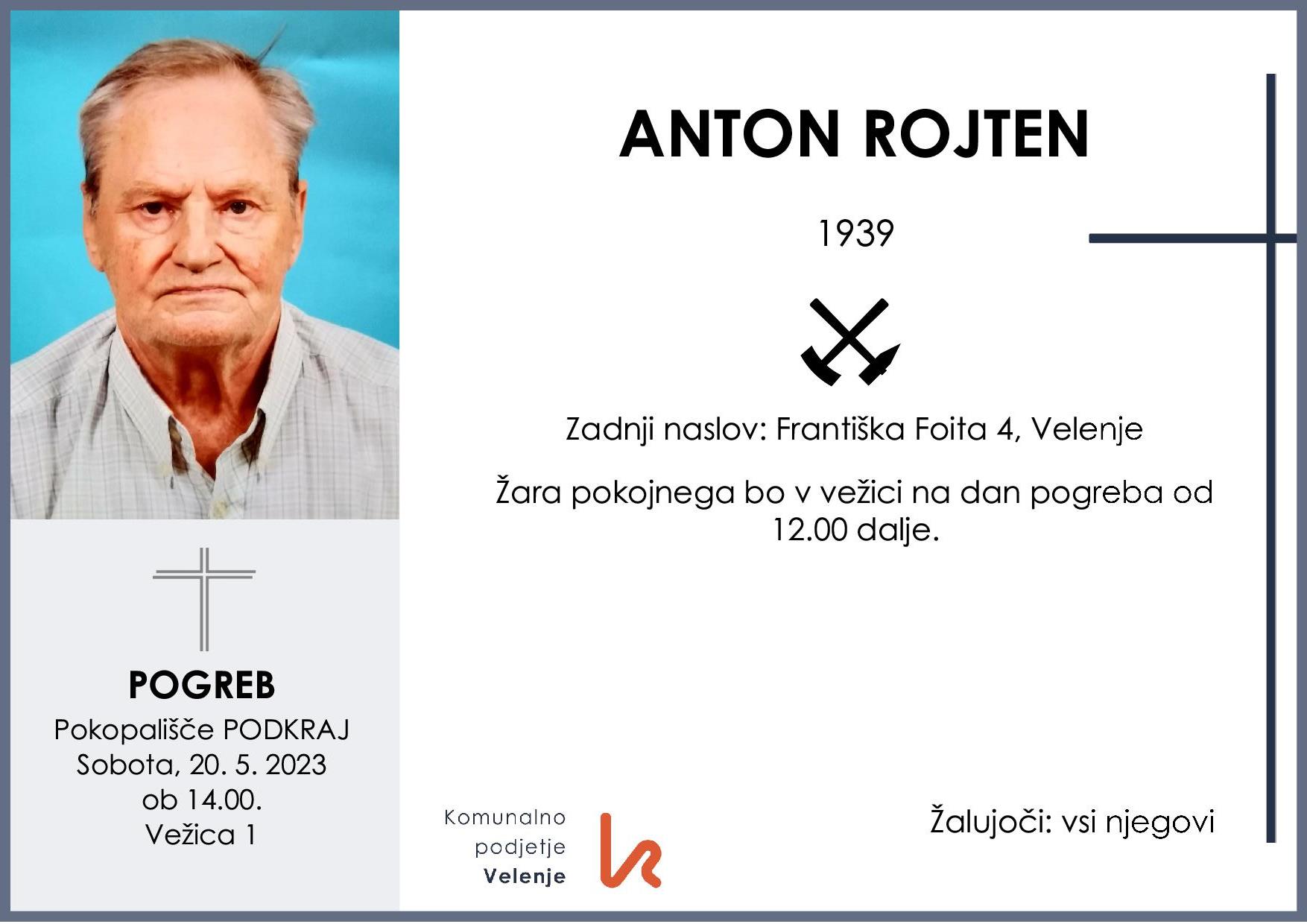 OsmrtnicaRojtenAnton1939 pogreb sobota 20.5.2023 ob 14.00 Podkraj