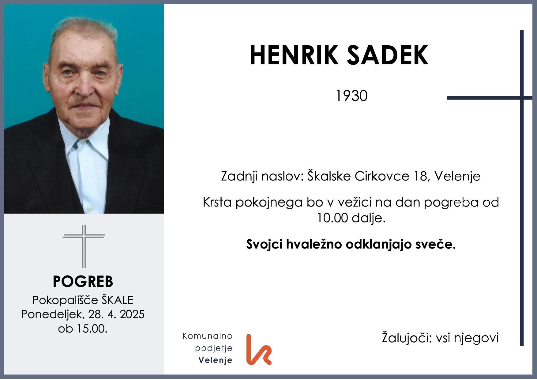 OsmrtnicaSadekHenrik1930 pogreb ponedeljek 28.4.2025 ob 15.00 Škale