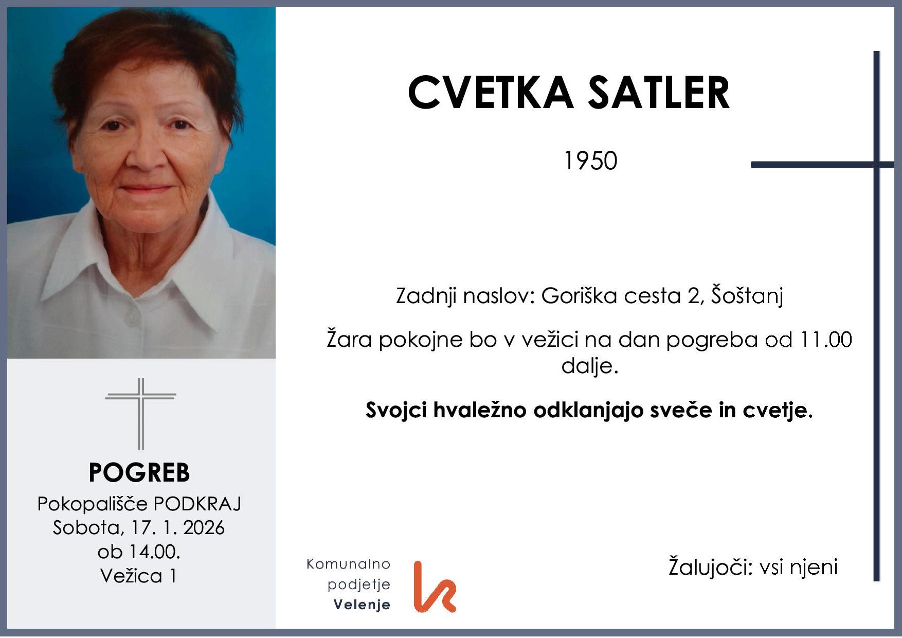 OsmrtnicaSatlerCvetka1950 pogreb sobota 17.1.2026 ob 14.00 Podkraj