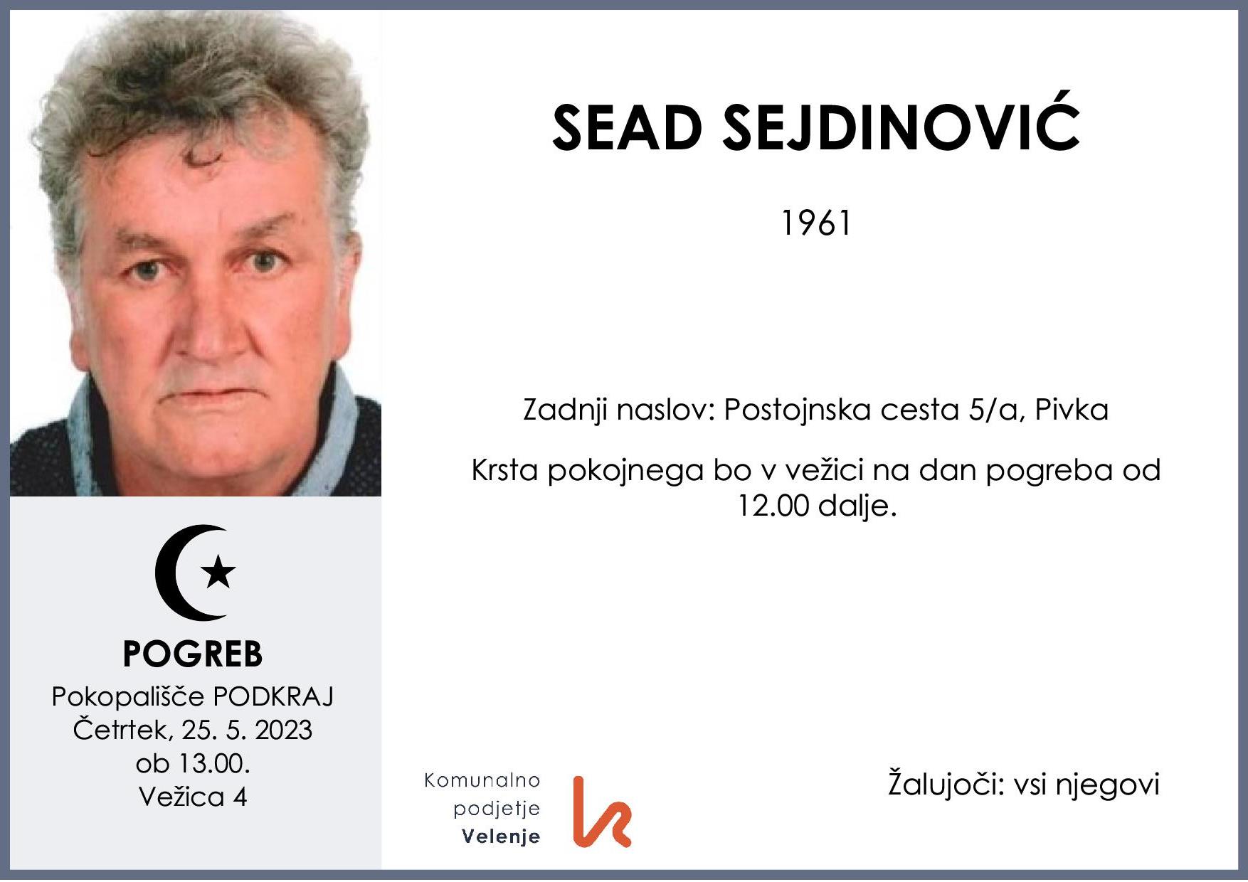 OsmrtnicaSejdinovićSead1961pogreb četrtek 25.5.2023 ob 13.00 Podkraj