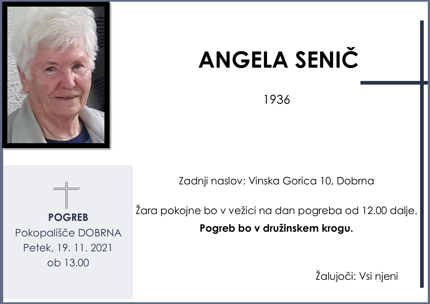 OsmrtnicaSeničAngela1936pogreb petek 19.11.2021 ob 14.00 Dobrna