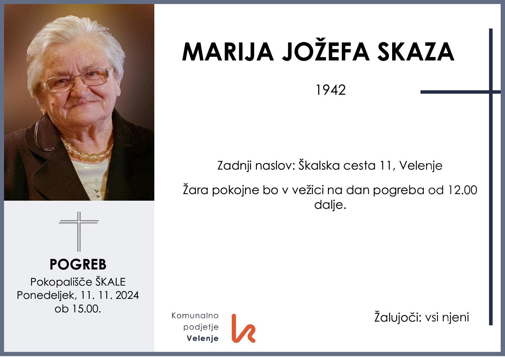 OsmrtnicaSkazaMarija1942 pogreb ponedeljek 11.11.2024 ob 15.00 Škale