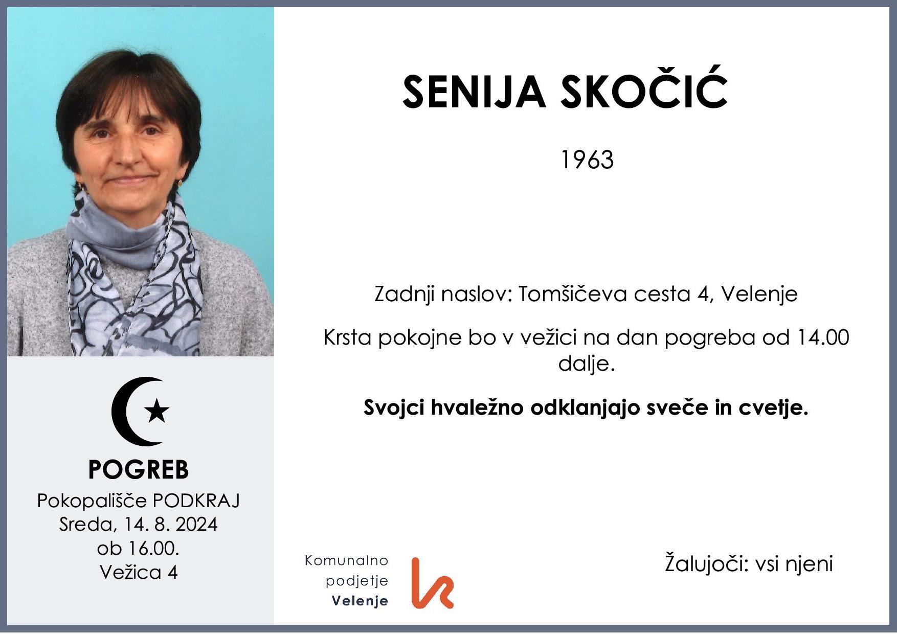 OsmrtnicaSkočićSenija1963pogreb sreda 14.8.2024 ob 16.00 Podkraj