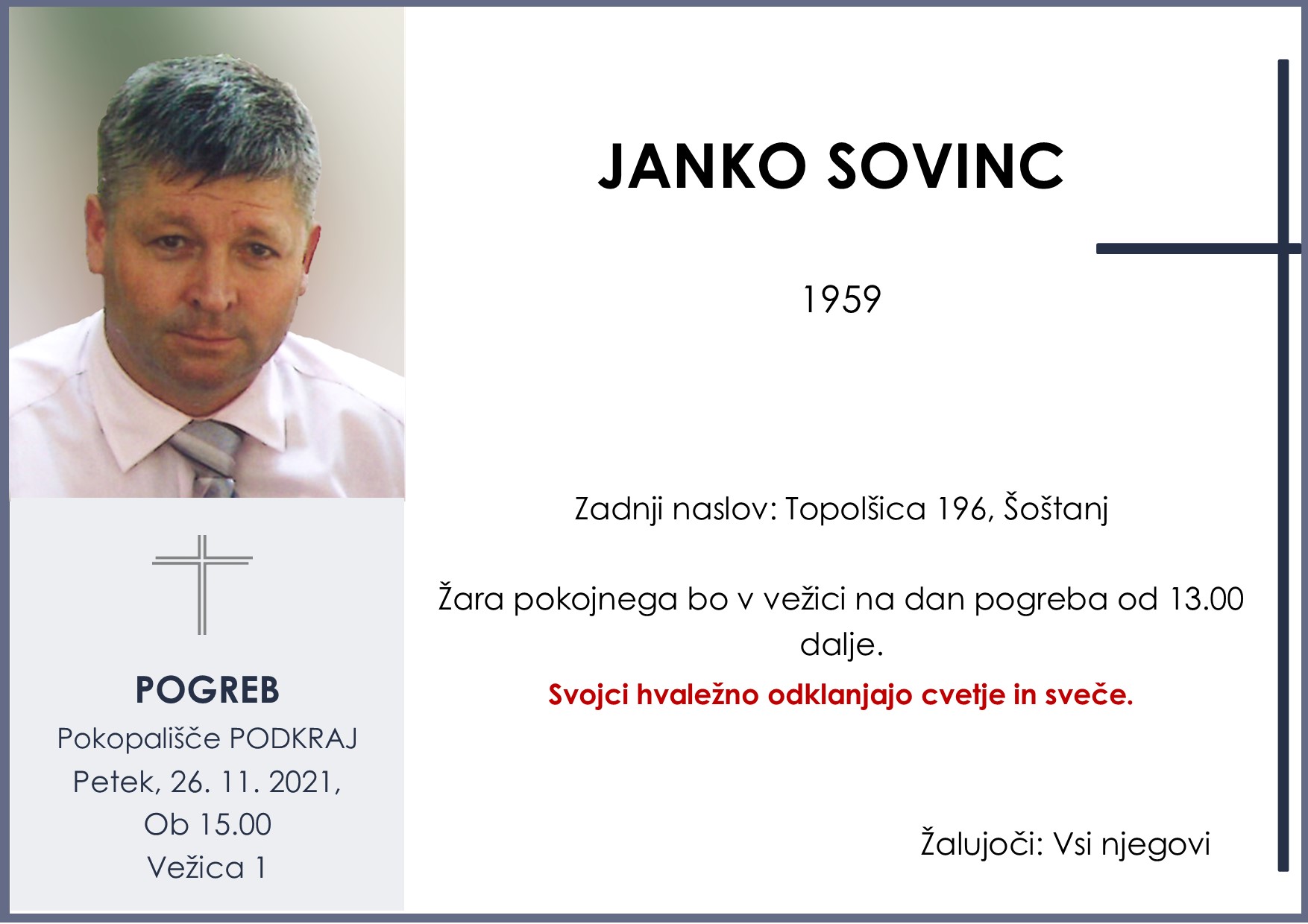 OsmrtnicaSovincJanko1959pogreb petek 26.11.2021 ob 15.00 Podkraj