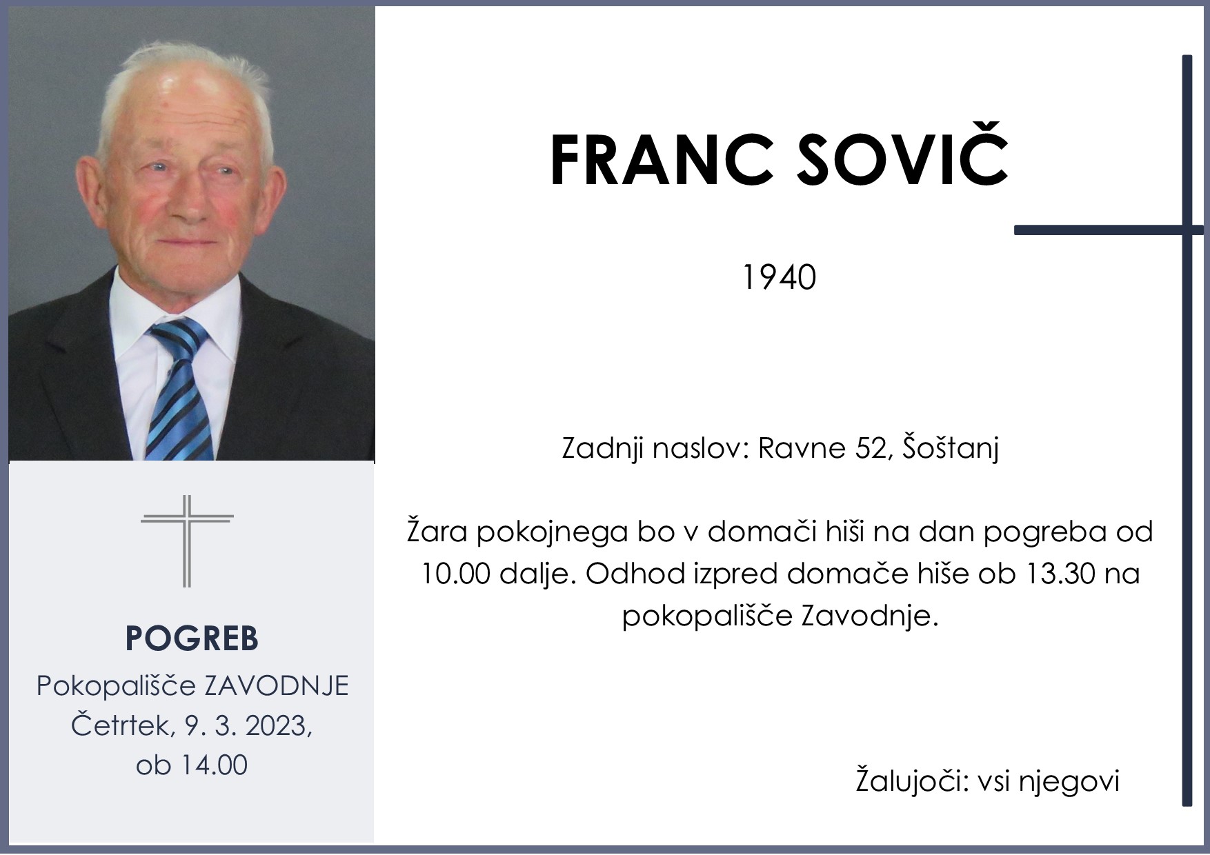 OsmrtnicaSovičFranc1940 pogreb četrtek 9.3.2023 ob 14.00 Zavodnje