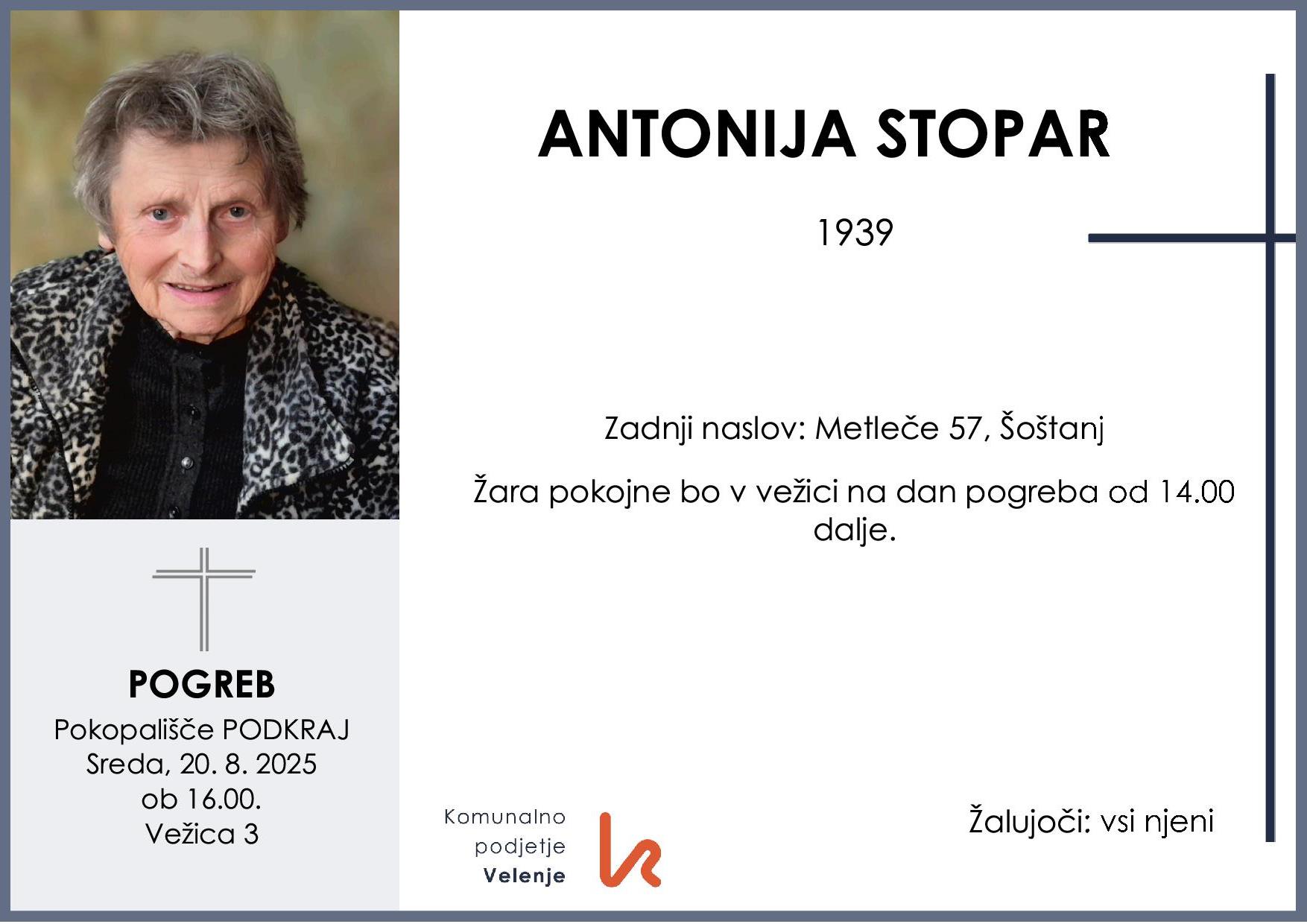 OsmrtnicaStoparAntonija1939pogreb sreda 20.8.2025 ob 16.00 Podkraj