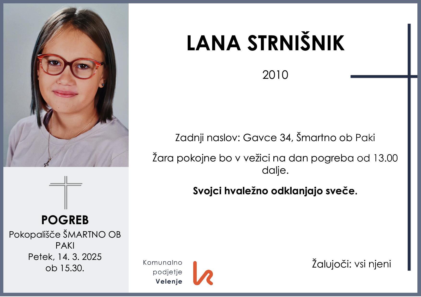 OsmrtnicaStrnišnikLana2010pogreb petek 14.3.2025 ob 15.30 Šmartno ob Paki