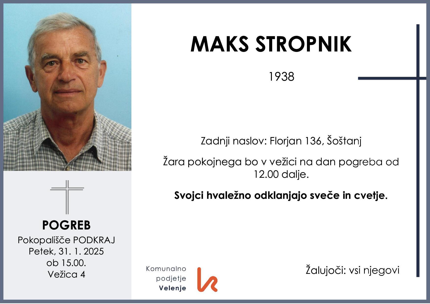 OsmrtnicaStropnikMaks1938 pogreb petek 31.1.2025 ob 15.00 Podkraj