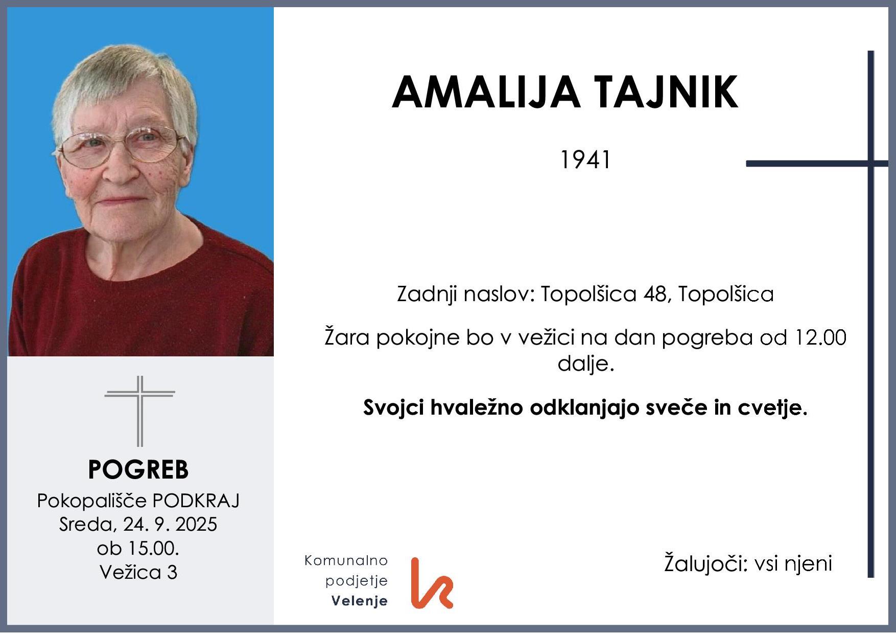 OsmrtnicaTajnikAmalija1941pogreb sreda 24.9.2025 ob 15.00 Podkraj