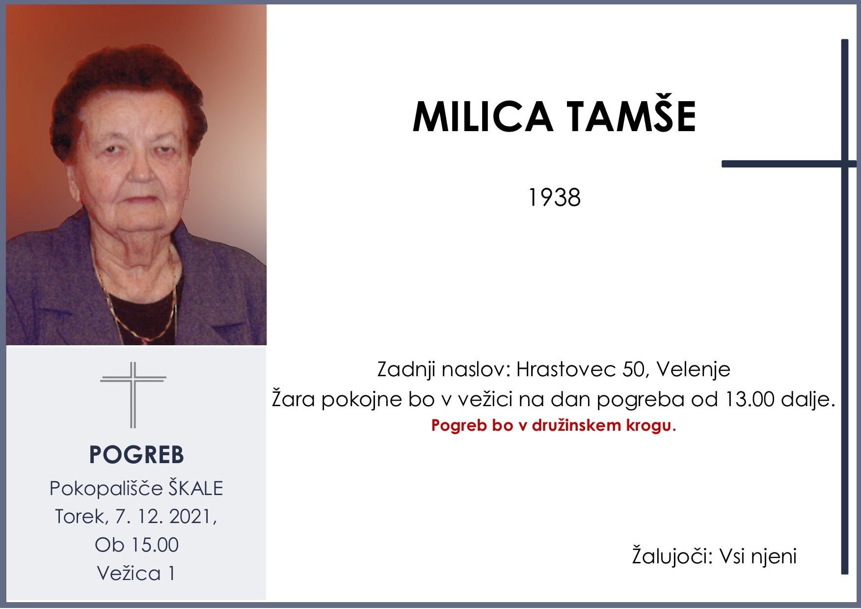 OsmrtnicaTamšeMilica1938pogreb torek 7.12.2021 ob 15.00 Škale