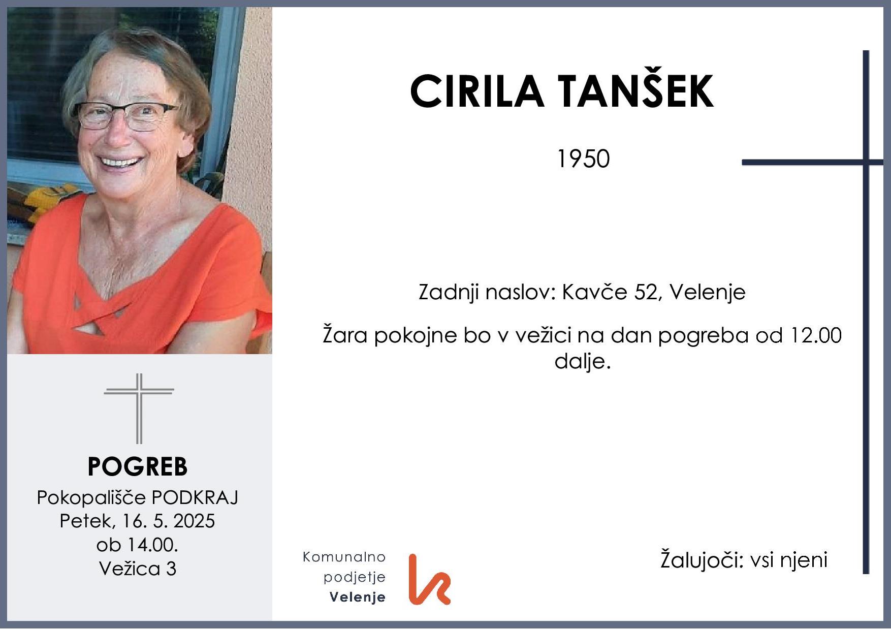 OsmrtnicaTanšekCirila1950pogreb petek 16.5.2025 Podkraj